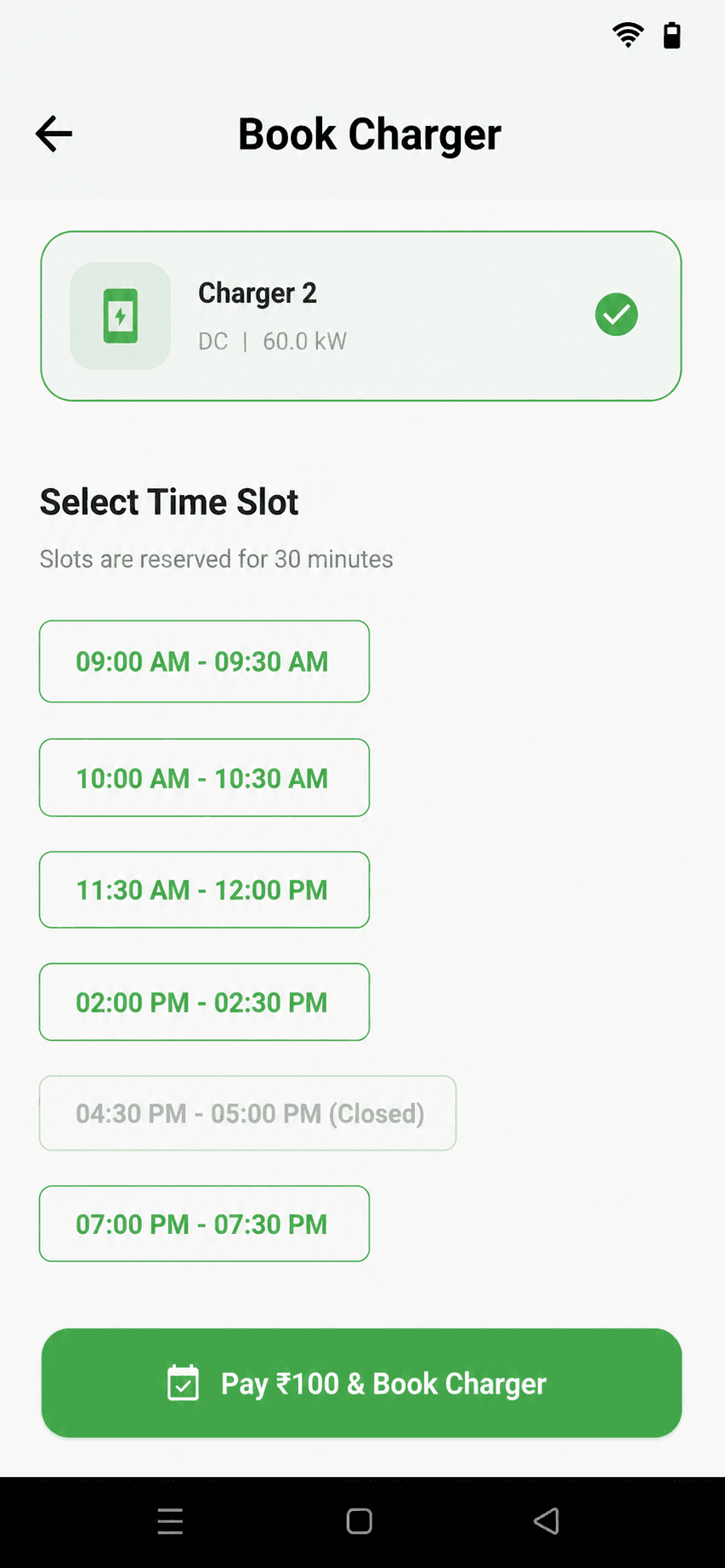 Electric Adda app charger booking screen